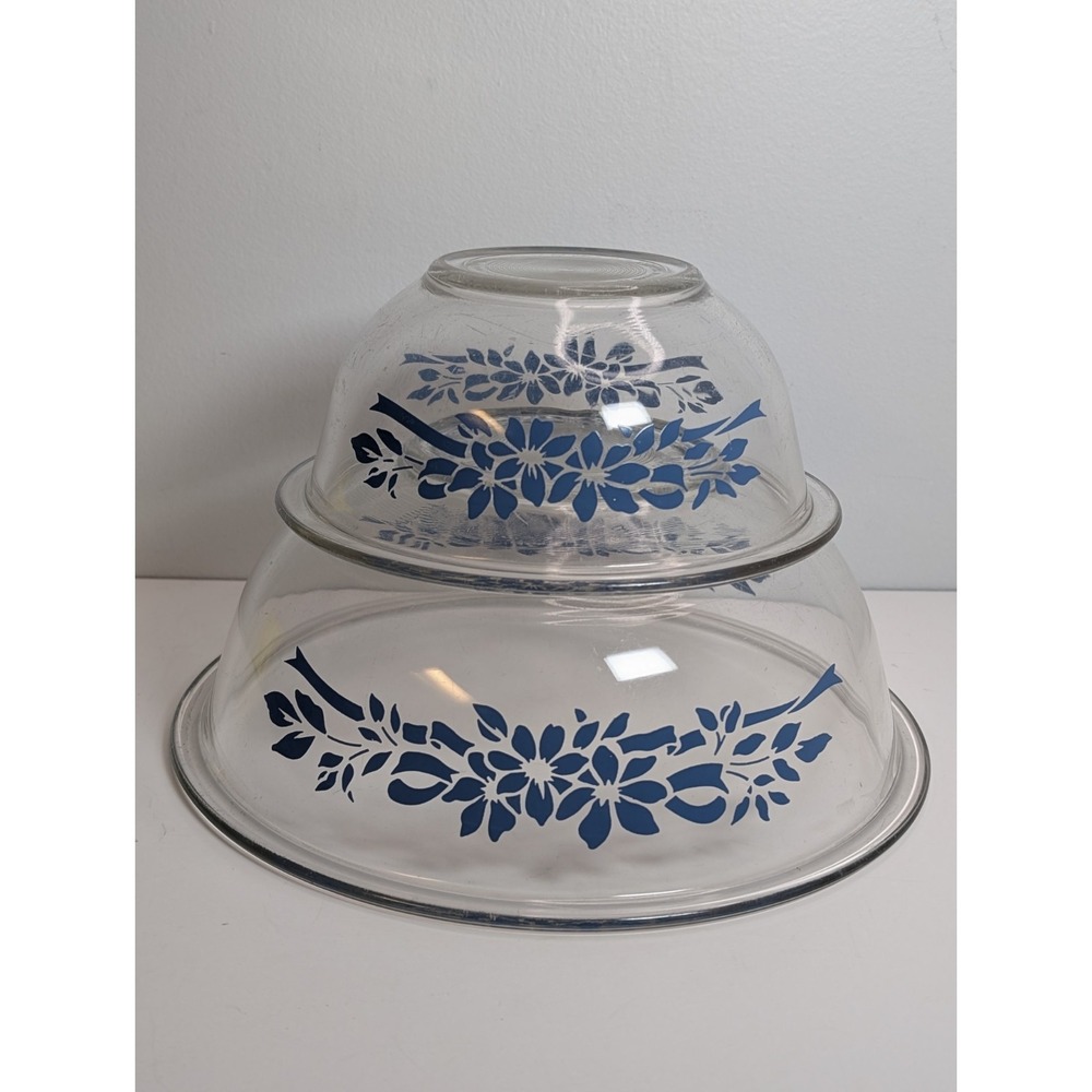 Vintage Pyrex Blue Floral Ribbon 322 & 325 Clear Glass Mixing Bowl Set of 2 USA